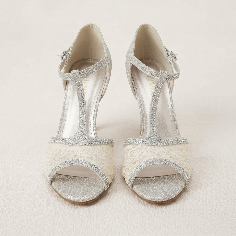 DREAM PAIRS AMORE_2 Women's Silver Glitter and Lace T-Strap Peep-Toe Wedding Kit